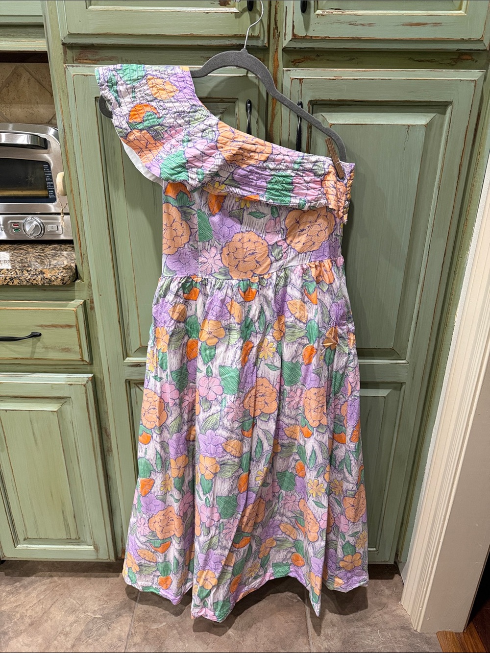 entro One-Shoulder Floral Dress in Lavender, Peach, and Green